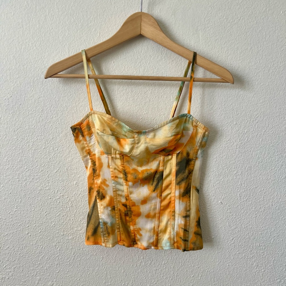 Pretty Little Thing Structured Corset Top Orange Tie Dye Print - Picture 3 of 9